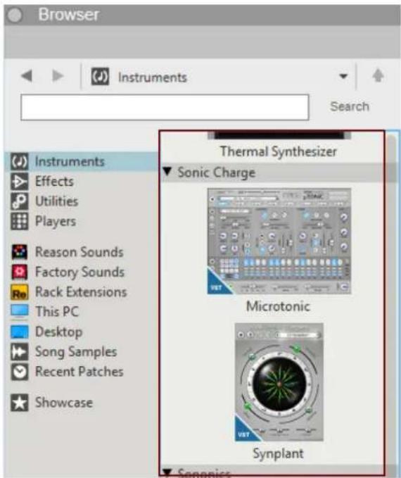 Browser Instruments Search Thermal Synthesizer Sonic Charge Microtonic Synplant Instruments Effects Utilities Players Reason Sounds Factory Sounds Re Rack Extensions This PC Desktop Song Samples Recent Patches Showcase