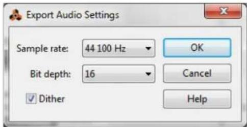 Export Audio Settings Sample rate: 44 100 Hz Bit depth: 16 ✓ Dither OK Cancel Help