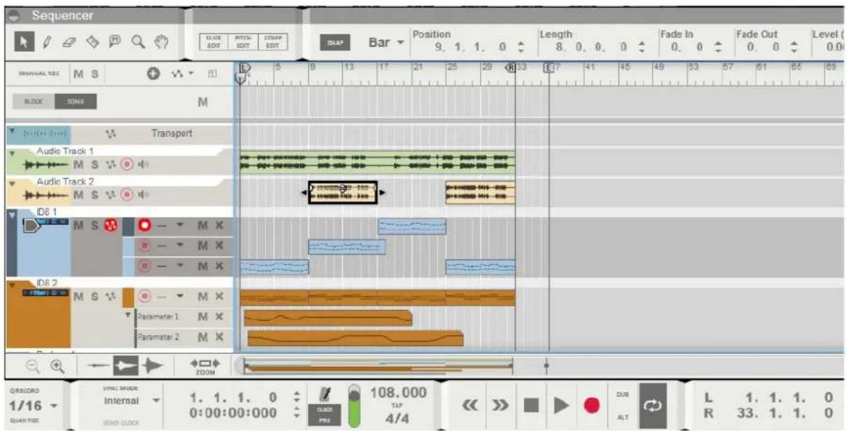 Sequencer SLICE EDIT MITCH EDIT COMP EDIT SNAP Bar Position 9. 1. 1. 0 Length 8. 0. 0. 0 Fade In 0. 0 Fade Out 0. 0 Level (0.0) MANUAL REC M S + - 田 L 5 9 13 17 21 25 29 33 E17 41 45 49 53 57 61 65 69 BLOCK SONS M Transport Audio Track 1 M S V Audio Track 2 M S V ID8 1 M S V - - M X - - M X - - M X ID8 2 M S V - - M X Parameter 1 M X Parameter 2 M X ZOOM QRECORDO 1/16 SYNC MODE Internal QUARTIZE 1. 1. 1. 0 0:00:00:000 108.000 TAP 4/4 CUB ALT L 1. 1. 1. 0 R 33. 1. 1. 0