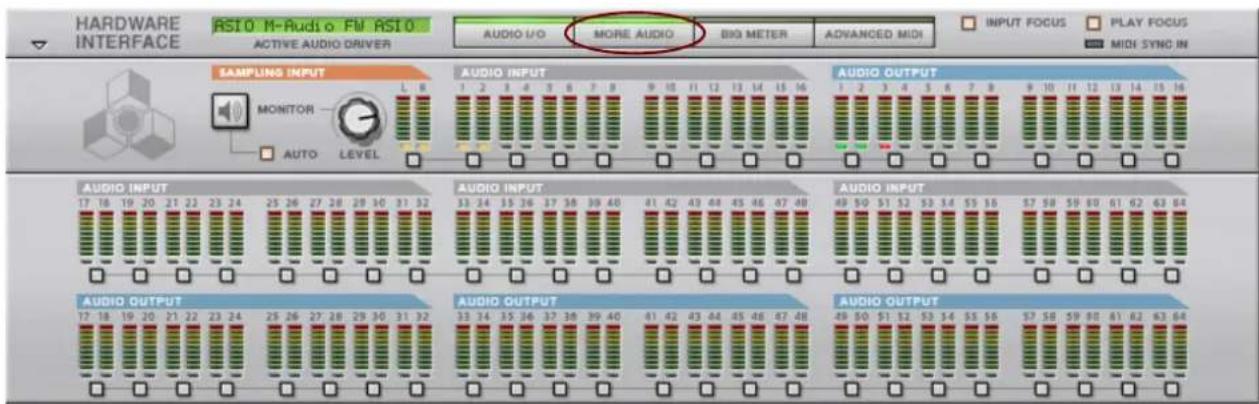 HARDWARE INTERFACE RSI 0 M-Audio FW RSI 0 ACTIVE AUDIO DRIVER AUDIO I/O MORE AUDIO BIG METER ADVANCED MIDI INPUT FOCUS PLAY FOCUS MIDI SYNC IN SAMPLING INPUT MONITOR AUTO LEVEL AUDIO INPUT 1 2 3 4 5 6 7 8 9 10 11 12 13 14 15 16 AUDIO OUTPUT 1 2 3 4 5 6 7 8 9 10 11 12 13 14 15 16 AUDIO INPUT 17 18 19 20 21 22 23 24 25 26 27 28 29 30 31 32 AUDIO INPUT 33 34 35 36 37 38 39 40 41 42 43 44 45 46 47 48 AUDIO INPUT 49 50 51 52 53 54 55 56 57 58 59 60 61 62 63 64 AUDIO OUTPUT 17 18 19 20 21 22 23 24 25 26 27 28 29 30 31 32 AUDIO OUTPUT 33 34 35 36 37 38 39 40 41 42 43 44 45 46 47 48 AUDIO OUTPUT 49 50 51 52 53 54 55 56 57 58 59 60 61 62 63 64
