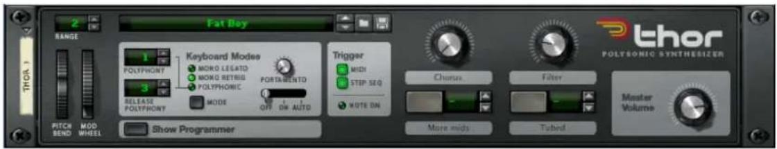 2 RANGE Fat Boy 1 POLYFRONT 3 RELEASE POLYFRONT Keyboard Modes MORO LEGATD MONG RETRIU POLYFRONIC MODE OFF ON AUTO PORTAMENTO Trigger MIDI STEP SEQ NOTE ON Chorus Filter Master Volume PITCH BEND MOD WHEEL Show Programmer THOR 1 POLYSONIC SYNTHESIZER Thor