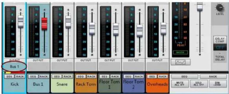OUTPUT Bus 1 SEQ RACK Kick OUTUT OUTUT OUTUT OUTUT OUTUT OUTUT OUTUT OUTUT SEQ RACK Snare Rack Tom Floor Tom 1 Floor Tom 2 Overheads SEQ RACK MUTE ALL OFF SOLD ALL OFF DIM -2000 LEVEL DELAY COMP OUT TOTAL DELAY