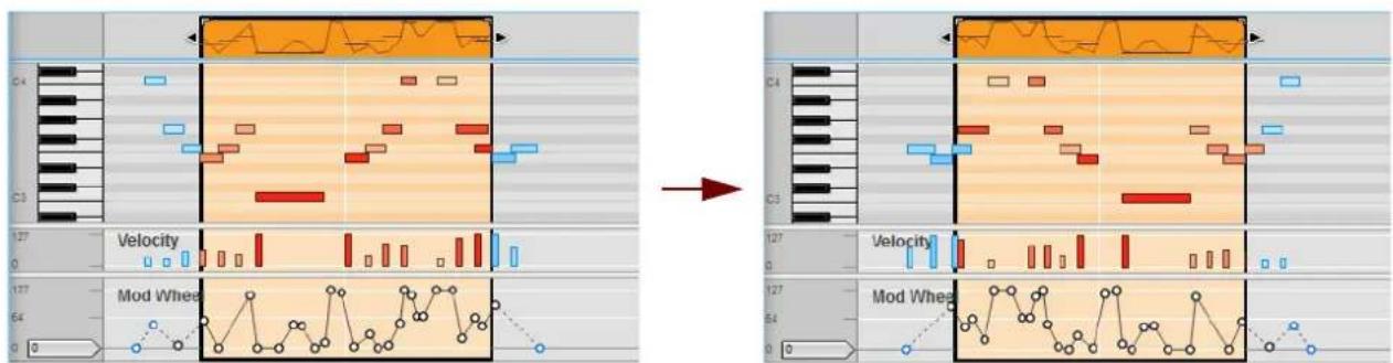 Audio editing software interface showing audio waveform analysis before and after transformation, with labeled components like 'Velocity' and 'Mod Whee'.