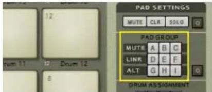 PAD SETTINGS MUTE CLR SOLD PAD GROUP MUTE A B C LINK D E F ALT G H I DRUM ASSIGNMENT