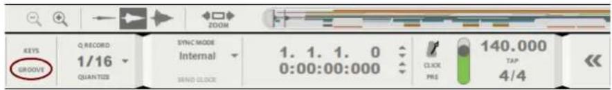 ZOOM KEYS GROOVE Q RECORD 1/16 QUANTIZE SYNC MODE Internal 1. 1. 1. 0 0:00:00:000 SEND CLOCK 140.000 TAP 4/4