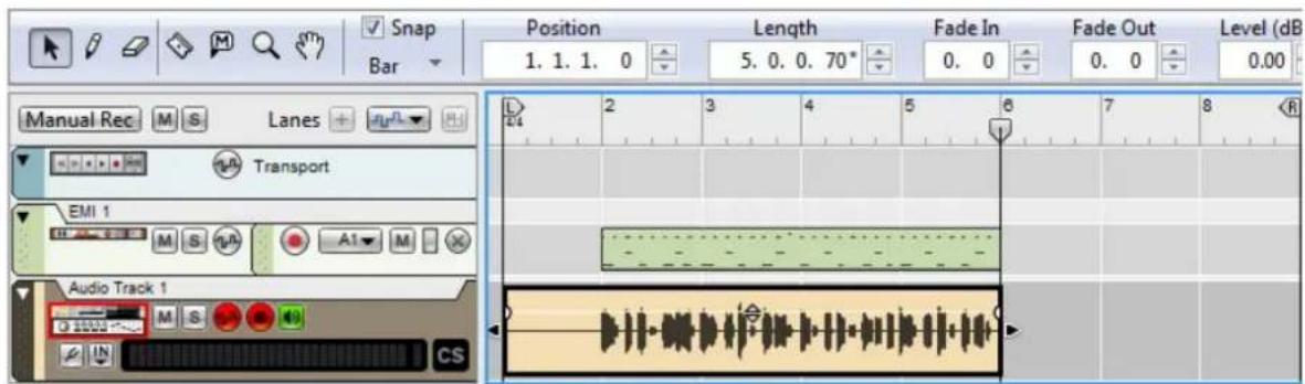 Snap Bar Position Length Fade In Fade Out Level (dB 1. 1. 1. 0 5. 0. 0. 70° 0. 0 0. 0 0.00 Manual Rec M S Lanes + Transport EMI 1 M S A1 M Audio Track 1 CS
