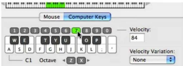 Mouse Computer Keys 1 2 3 4 5 6 7 8 9 0 —— Velocity: 84 A S D F G H J K L ; * C1 Octave Z X ▶ Velocity Variation: None