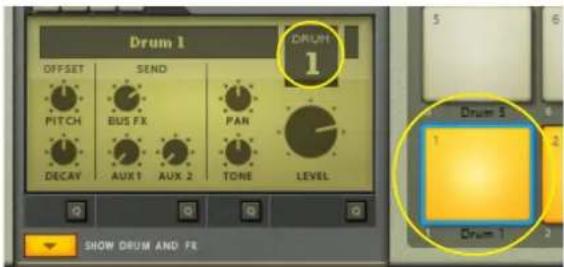 Drum 1 DRUM 1 OFFSET SEND PITCH BUS FX PAN DECAY AUX 1 AUX 2 TONE LEVEL Drum 1 1 2 3 SHOW DRUM AND FX