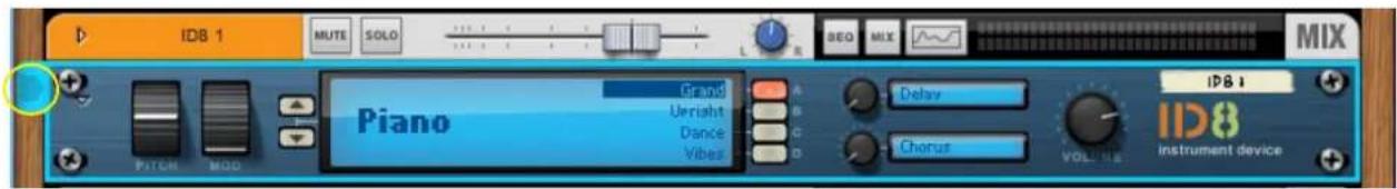 ID8 1 MUTE SOLO L R SEQ MIX MIX Piano Grand Delay ID8 1 Unright B Dance C Vibes Chorus VOLUME ID8 instrument device PITCH MOD