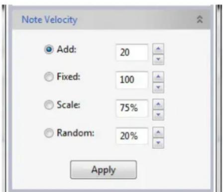 Note Velocity Add: 20 Fixed: 100 Scale: 75% Random: 20% Apply