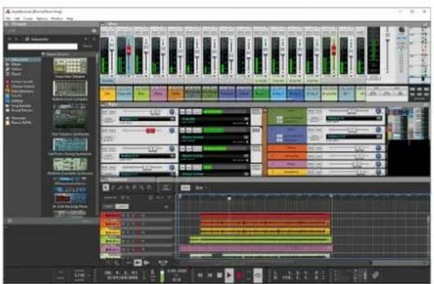 Screenshot of a audio editing software interface showing multiple audio tracks, channels, and audio waveform graphs.