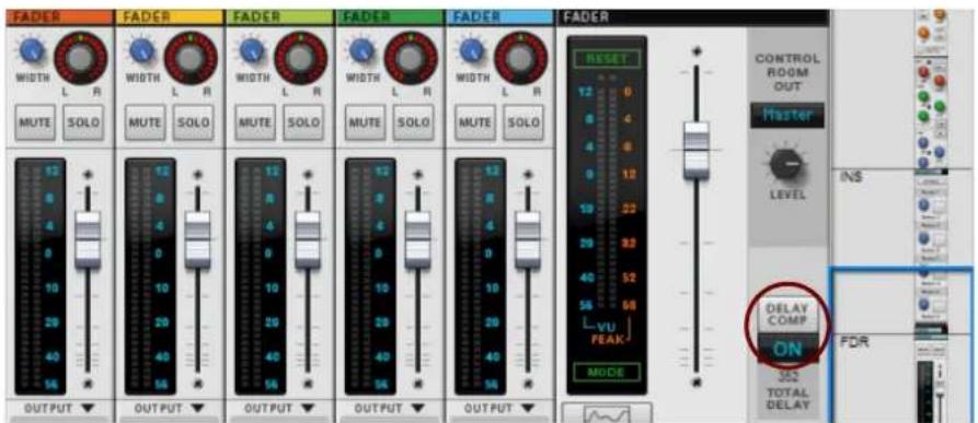 FADER WIDTH L R MUTE SOLO FADER WIDTH L R MUTE SOLO FADER WIDTH L R MUTE SOLO FADER WIDTH L R MUTE SOLO FADER 12 0 4 10 29 40 56 OUTPUT ▼ FADER 12 0 4 10 29 40 56 OUTPUT ▼ FADER 12 0 4 10 29 40 56 OUTPUT ▼ FADER RESET 12 0 8 4 4 6 0 12 19 22 29 32 40 52 56 56 L VU PEAK MODE * + * * CONTROL ROOM OUT Master LEVEL INS DELAY COMP ON 363 TOTAL DELAY FDR