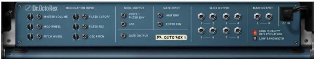Dr.OctoRex MODULATION INPUT MASTER VOLUME FILTER CUTOFF MOD WHEEL FILTER RES PITCH WHEEL OSC PITCH MOD. OUTPUT VOICE 1 FILTER ENV LFD GATE OUTPUT DR. OCTO REX 1 GATE INPUT AMP ENV FILTER ENV SLICE OUTPUT 1 — 2 3 — 4 5 — 6 7 — 8 MAIN OUTPUT L — R OC IN HIGH QUALITY INTERPOLATION LOW BANDWIDTH