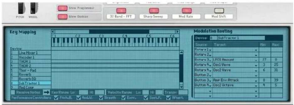 PITCH WHEEL Stew Programmer Stew Devices 32 Band - FFT Sharp Sweep Mod Rate Mod Shift Key Mapping Device: Line Mixer 1 Encoder 1 THUK 1 THUR 2 Thor - Fad Reverb Reverb ED Sub Tractor 1 Mod Comp Resistive Notes → Key Range: Lo Performance Controllers ✓ Pitch,B ✓ Mod,M ✓ Breath ✓ Eor, ✓ Sust,P ✓ Rstart. Modulation Roating Device: 8 SubTractor 1 Source Target Min Max Rotary 1 Rotary 2 Rotary 3. LFOI Amount Rotary 4. Osc1 Vave Rotary 4. Osc2 Vave Button 2. Button 3. Raw Env Attack Button 4. Osc2 Octave Mod Tractor 1 Mod Tractor 1 Mod Tractor 1 Mod Tractor 1 Mod Tractor 1 Mod Tractor 1 Mod Tractor 1 Mod Tractor 1 Mod Tractor 1 Mod Tractor 1 Mod Tractor 1 Mod Tractor 1 Mod Tractor 1 Mod Tractor 1 Mod Tractor 1 Mod Tractor 1 Mod Tractor 1 Mod TrCTOR