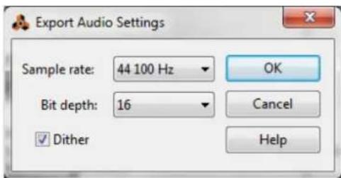 Export Audio Settings Sample rate: 44 100 Hz Bit depth: 16 ✓ Dither OK Cancel Help