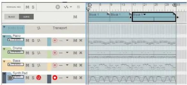 MANUAL REC M S BLOCK SONG M Block 1 Block 1 Block 1▼ Transport Piano M S V Drums M S V Bass M S V Synth Pad M S W - M X