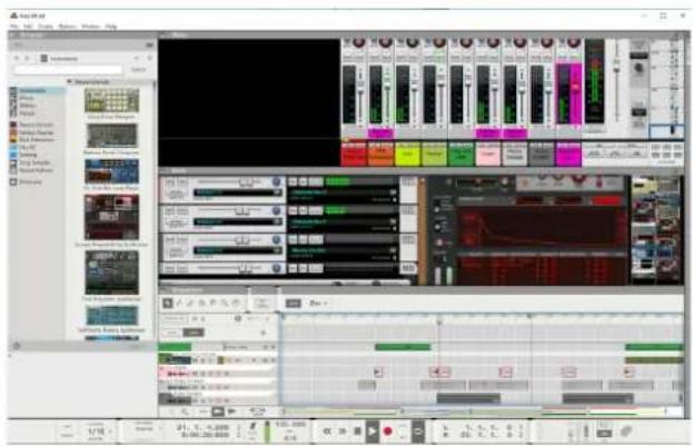 Screenshot of a video editing software interface showing audio workstation with multiple tracks, channels, and playback controls.