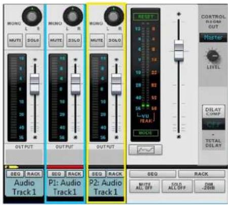 MONG L R MUTE SOLO OUTPUT MONG L R MUTE SILO OUTPUT MONG R MUTE SOLO OUTPUT RESET 12 8 4 22 10 85 50 35 15 VU FEAR NOLE CONTROL ROOM OUT Master LEVEL DELAY COMP OFF TOTAL DELAY SEQ RACK SEQ RACK SEQ RACK SEQ RACK SEQ RACK Audio Track 1 P1: Audio Track 1 P2: Audio Track 1 MUTE ALL OFF END ALL OFF DIM -20dB