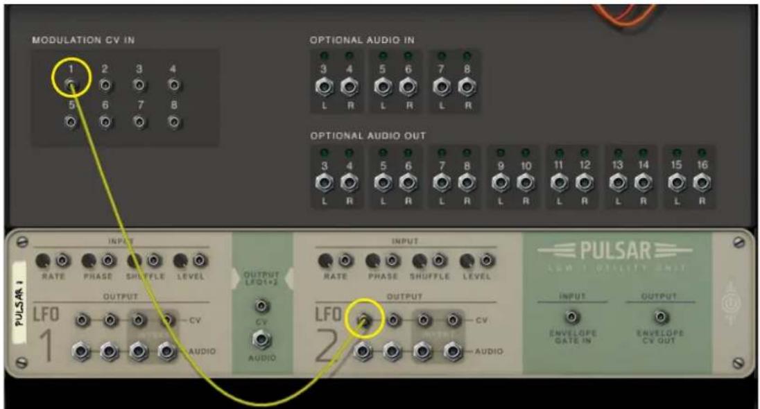 MODULATION CV IN 1 2 3 4 5 6 7 8 OPTIONAL AUDIO IN 3 4 5 6 7 8 L R L R L R OPTIONAL AUDIO OUT 3 4 5 6 7 8 9 10 11 12 13 14 15 16 L R L R L R L R L R L R L R PULSAR INPUT RATE PHASE SHUFFLE LEVEL OUTPUT LFO 1 CV CY AUDIO OUTPUT LFO 2 CVA AUDIO PULSAR UNIT OULTILITY UNIT INPUT OUTPUT ENVELOPE GATE IN ENVELOPE CV OUT