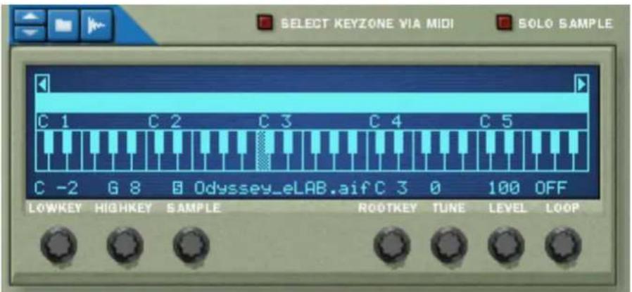 SELECT KEYZONE VIA MIDI SOLO SAMPLE C 1 C 2 C 3 C 4 C 5 C -2 G 8 @ Odyssey_eLAB.aif C 3 0 100 OFF LOWKEY HIGHKEY SAMPLE ROOTKEY TUNE LEVEL LOOP