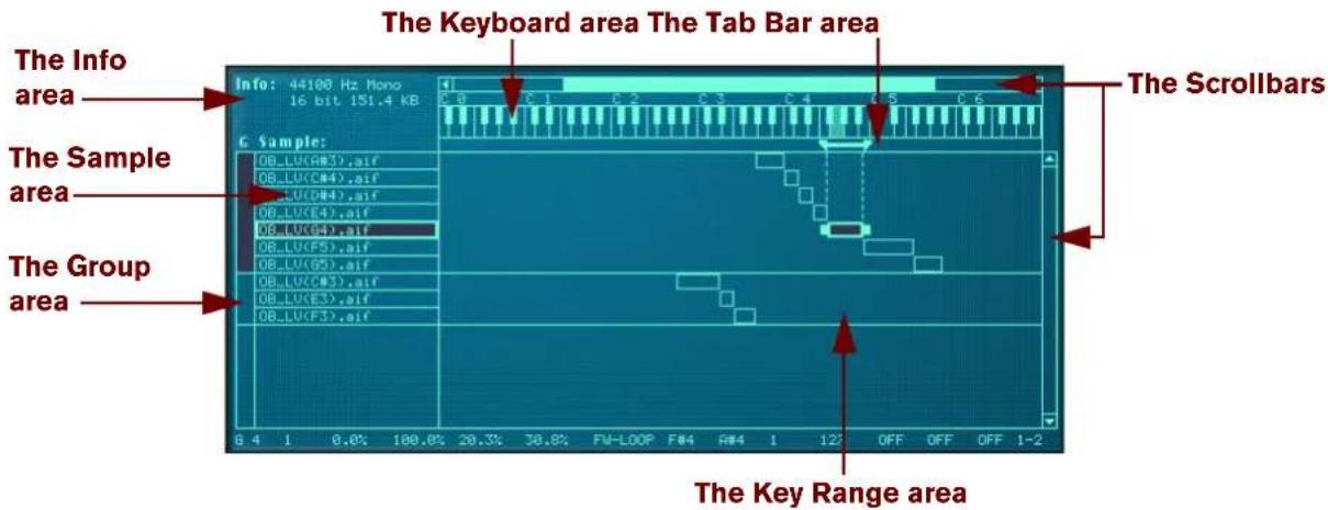 The Keyboard area The Tab Bar area Info: 44100 Hz Mono 16 bit 151.4 KB The Info area The Sample area The Group area G Sample: OB.LU(R#3).aif OB.LU(C#4).aif OB.LU(E#4).aif OB.LU(E4).aif OB.LU(G#4).aif OB.LU(F5).aif OB.LU(G5).aif OB.LU(C#3).aif OB.LU(E3).aif OB.LU(F3).aif The Key Range area The Scrollbars
