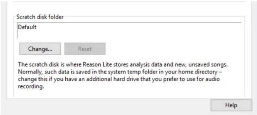 Scratch disk folder Default Change... Reset The scratch disk is where Reason Lite stores analysis data and new, unsaved songs. Normally, such data is saved in the system temp folder in your home directory – change this if you have an additional hard drive that you prefer to use for audio recording. Help