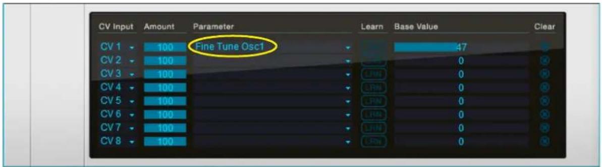 CV Input Amount Parameter Learn Base Value Clear CV 1 100 Fine Tune Osc1 47 CV 2 100 0 CV 3 100 0 CV 4 100 0 CV 5 100 0 CV 6 100 0 CV 7 100 0 CV 8 100 0