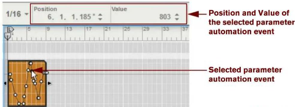 1/16 Position 6. 1. 1.185* Value 803 Position and Value of the selected parameter automation event Selected parameter automation event