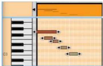 Diagram showing piano keyboard layout with directional arrows and labeled components, likely illustrating a musical or audio concept.