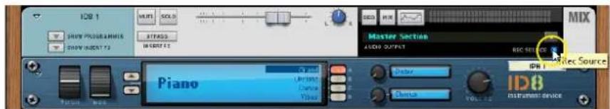 IDB 1 MUST SOLD RESET AVIASS INVERTS Master Section AUDIO OUTPUT REC SOURCE IDB 1 REC Source Piano Device Device Device YOLL 12 IDB Instrument device
