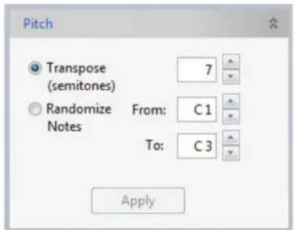 Pitch Transpose (semitones) 7 Randomize Notes From: C1 To: C3 Apply