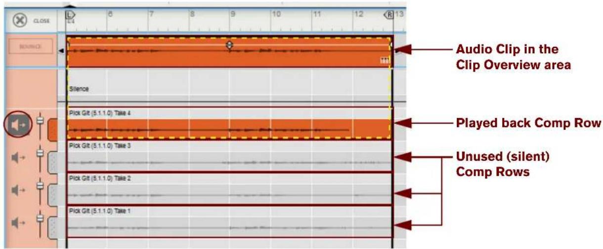 Audio Clip in the Clip Overview area Silence Pick Git (5.1.1.0) Take 4 Pick Git (5.1.1.0) Take 3 Pick Git (5.1.1.0) Take 2 Pick Git (5.1.1.0) Take 1 Played back Comp Row Unused (silent) Comp Rows