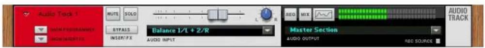 Audio Track 1 MUTE SOLO RESPASS IMPORT EX INSERT FX BALANCE 1/L + 2/R AUDIO INPUT REQ MIX Master Section AUDIO OUTPUT REQ SOURCE AUDIO TRACK