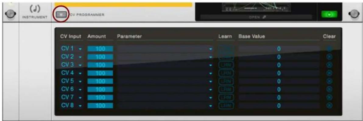 (d) INSTRUMENT CV PROGRAMMER Open CV Input Amount Parameter Learn Base Value Clear CV 1 100 0 CV 2 100 0 CV 3 100 0 CV 4 100 0 CV 5 100 0 CV 6 100 0 CV 7 100 0 CV 8 100 0