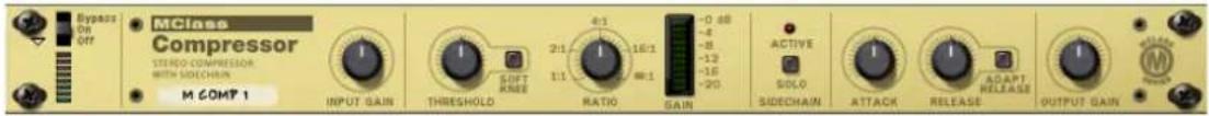 MClass Compressor STEREO COMpressor WITH SIDESHIN M COMP 1 INPUT GAIN THRESHOLD SOFT KNEE 21 1:1 4:1 16:1 RATIO 80:1 +0 dB -8 -8 -12 -16 +20 ACTIVE SOLO SIDECHAIN ATTACK RELEASE ADAPT. RELEASE OUTPUT GAIN