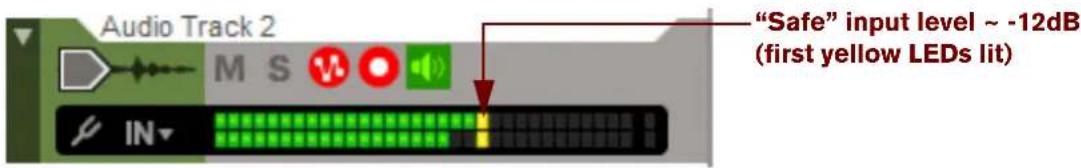 Audio Track 2 "Safe" input level ~ -12dB (first yellow LEDs lit)
