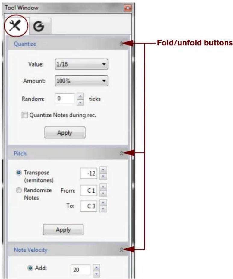 Tool Window Quantize Value: 1/16 Amount: 100% Random: 0 ticks Quantize Notes during rec. Apply Fold/unfold buttons Pitch Transpose -12 (semitones) Randomize From: C1 Notes To: C3 Apply Note Velocity Add: 20