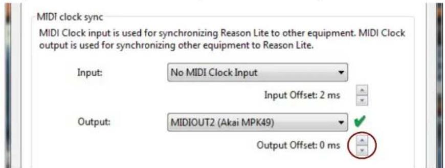 MIDI clock sync MIDI Clock input is used for synchronizing Reason Lite to other equipment. MIDI Clock output is used for synchronizing other equipment to Reason Lite. Input: No MIDI Clock Input Input Offset: 2 ms Output: MIDIOUT2 (Akai MPK49) Output Offset: 0 ms