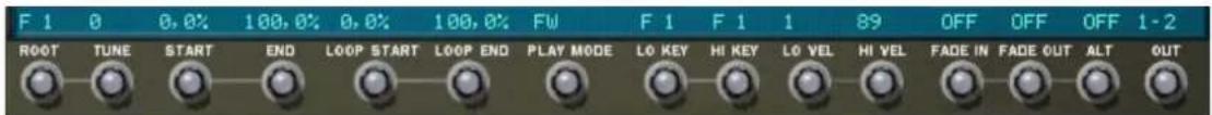 F 1 0 0,0% 100,0% 0,0% 100,0% FW F 1 F 1 1 89 OFF OFF OFF 1-2 ROOT TUNE START END LOOP START LOOP END PLAY MODE LO KEY HI KEY LO VEL HI VEL FADE IN FADE OUT ALT OUT