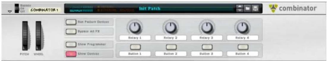 Enable On Off COMBINATOR 1 Output:000000 BUTTER INIT Patch combinator Run Pattern Devices Bypass All FX Show Programmer Show Devices PITCH WHEEL Rotary 1 Rotary 2 Rotary 3 Rotary 4 Button 1 Button 2 Button 3 Button 4