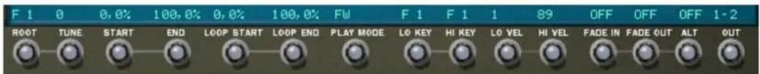 F 1 0 0,0% 100,0% 0,0% 100,0% FW F 1 F 1 1 89 OFF OFF OFF 1-2 ROOT TUNE START END LOOP START LOOP END PLAY MODE LO KEY HI KEY LO VEL HI VEL FADE IN FADE OUT ALT OUT