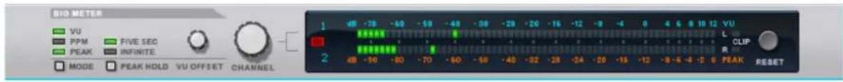 BIS METER VU PPM FIVE SEC PEAK INFINITE MODE PEAK HOLD VU OFFSET CHANNEL 1 2 L CLIP R PEAK RESET