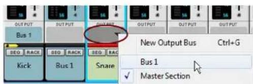 OUTPUT BUST 1 SEQ RACE BUST RACK BUST BAG Kick Bus 1 Snare New Output Bus Ctrl+G Bus 1 ✓ Master Section