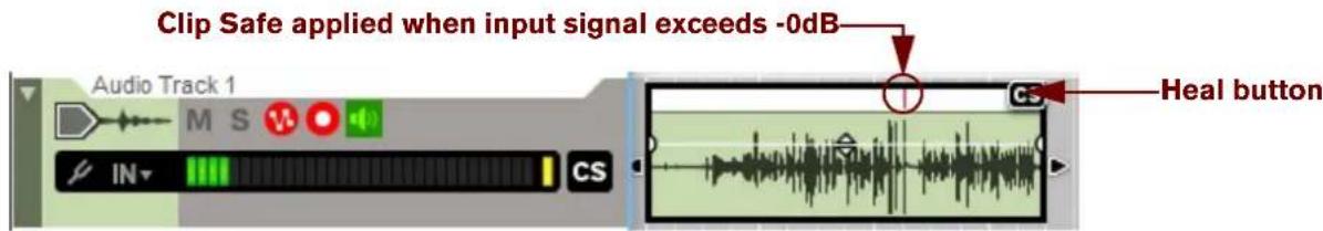 Clip Safe applied when input signal exceeds -0dB Audio Track 1 M S IN CS CS Heal button