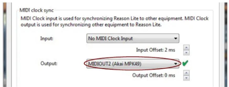 MIDI clock sync MIDI Clock input is used for synchronizing Reason Lite to other equipment. MIDI Clock output is used for synchronizing other equipment to Reason Lite. Input: No MIDI Clock Input Input Offset: 2 ms Output: MIDIOUT2 (Akai MPK49) Output Offset: 0 ms