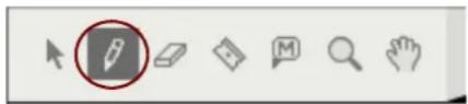 Toolbar with icons including pencil, document, magnifying glass, and hand gesture