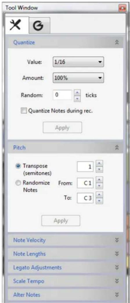 Tool Window Quantize Value: 1/16 Amount: 100% Random: 0 ticks Quantize Notes during rec. Apply Pitch Transpose (semitones) 1 Randomize Notes From: C1 To: C3 Apply Note Velocity Note Lengths Legato Adjustments Scale Tempo Alter Notes