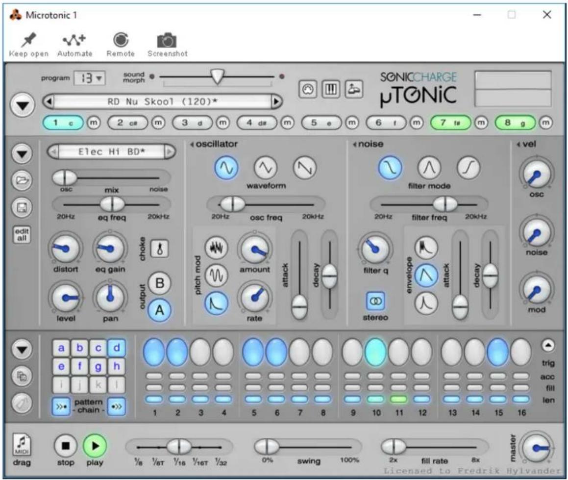 Microtonic 1 Keep open Automate Remote Screenshot program 13 sound morph RD Nu Skool (120)* SONICCHARGE μTONiC 1 c m 2 cn# m 3 d m 4 dn e m 5 e m 6 f m 7 f# m 8 g m Edit all Elec Hi BD* osc mix noise 20Hz eq freq 20kHz distort eq gain choke level pan output B A oscillator waveform 20Hz osc freq 20kHz pitch mod amount attack decay rate noise filter mode 20Hz filter freq 20kHz filter q envelope attack decay stereo mod triag acc fill len pattern - chain - 1 2 3 4 5 6 7 8 9 10 11 12 13 14 15 16 MIDI stop play ½/8 ½T ½16 ½16T ½32 0% swing 100% 2x fill rate 8x master Licensed to Fredrik Hylvander