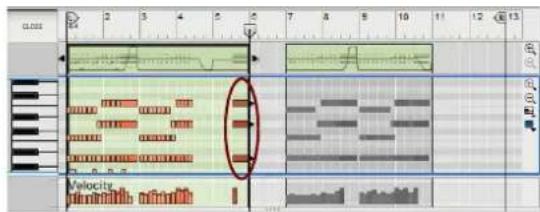 Screenshot of a digital audio workstation interface showing track controls, waveform graphs, and playback controls with a highlighted 'Velocity' annotation.