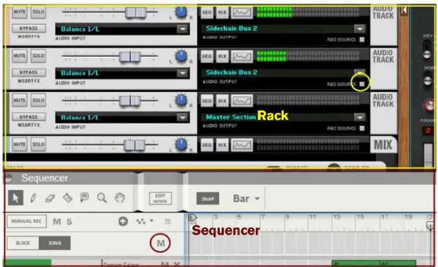 MUTE SOLO BYPASS INSERT/FX Balance 1/L AUDIO INPUT MUTE SOLO BYPASS INSERT/FX Balance 1/L AUDIO INPUT MUTE SOLO BYPASS INSERT/FX Balance 1/L AUDIO INPUT MUTE SOLO SEQ MIX SIDECHAIN BUS 2 AUDIO OUTPUT REC SOURCE AudiO TRACK MUTE SOLO BYPASS INSERT/FX L R Sidechain Bus 2 AUDIO OUTPUT REC SOURCE AudiO TRACK MUTE SOLO BYPASS INSERT/FX L R Sidechain Bus 2 AUDIO OUTPUT REC SOURCE Master Section Rack AUDIO OUTPUT REC SOURCE MIX Sequencer EDIT MODE MANUAL REC M S BLOCK SONG M SNAP Bar 3 5 7 9 11 13 15 17 19 20 M /A1 Sequencer